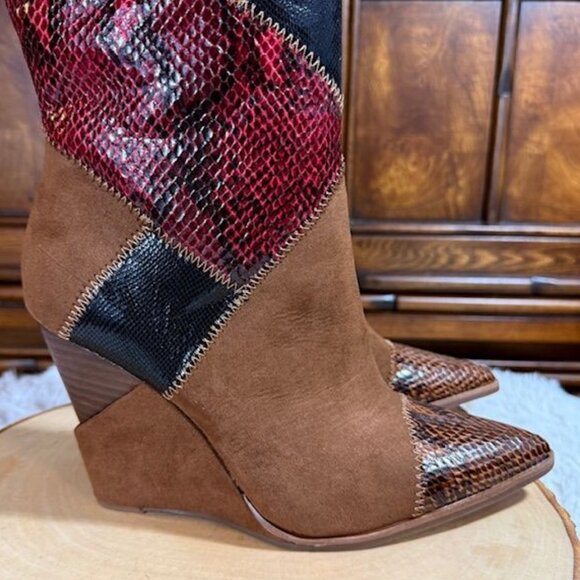 Jessica Simpson Henlee Dark Tan Glossy Desert Snake Combo Textured Wedge Boot - Picture 11 of 16